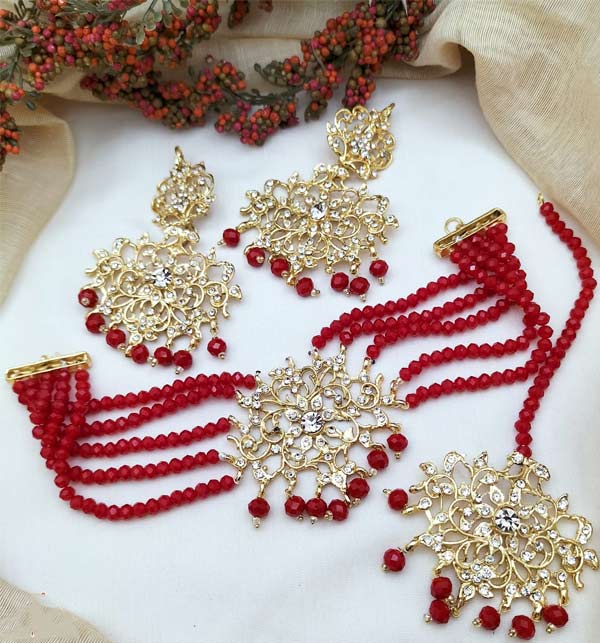 Kundan Deandra Antique Gold Jhumar with Earrings - Maroon  (ZV-1703)