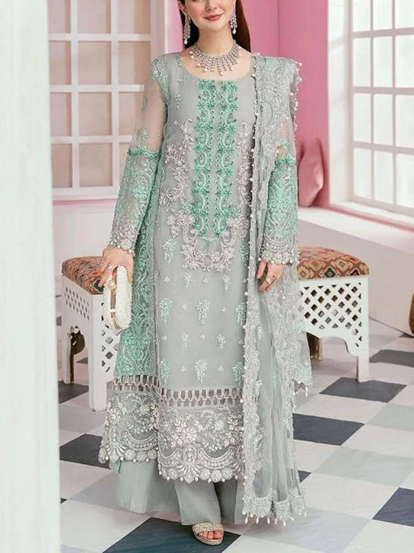 Organza Wedding Collection Heavy Embroidered with Handwork Pista Green Organza Dress for Formal & Party Wear Events (UnStitched) (CHI-828)
