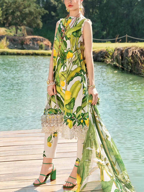 Latest Printed Lawn Embroidered Dress With Printed Chiffon Dupatta (Unstitched) (DRL-2247)