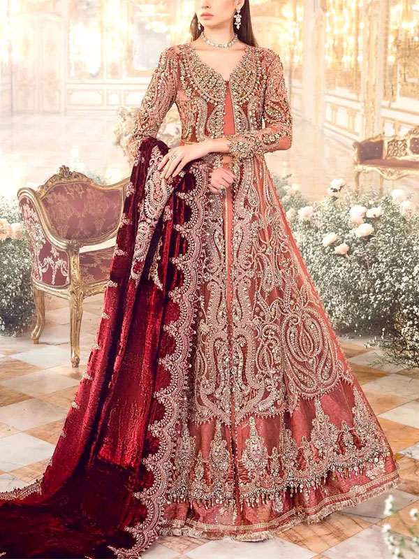 Luxurious Intricate Embroidered Rust Orange Net Maxi Dress (Unstitched) (CHI-1057)