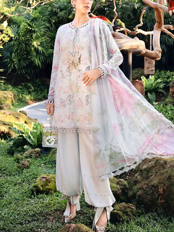 Luxury Butterfly Design Schiffli Embroidered EID Lawn Dress with Emb. Chiffon Dupatta (Unstitched) (DRL-2410)