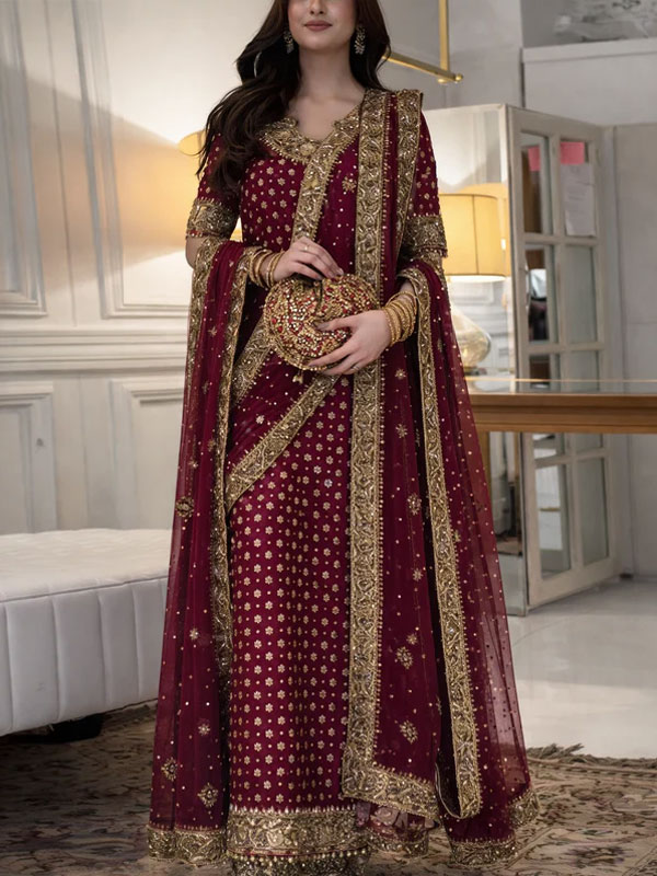 LUXURY Chiffon Adda Work Heavy Embroidered Dress With 4 Sided Embroidered Dupatta (Unstitched) (CHI-1100)