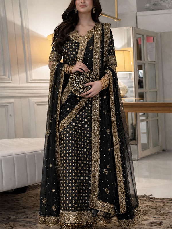 LUXURY Chiffon Adda Work Heavy Embroidered Dress With Cluch With 4 Sided Embroidered Dupatta (Unstitched) (CHI-1108)
