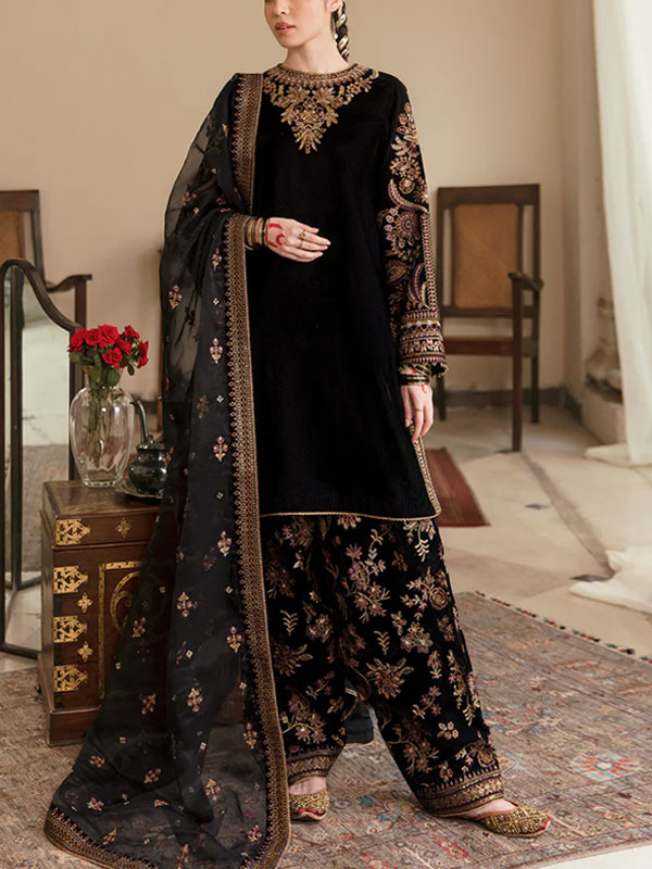 Luxury Embroidered Black Velvet Wedding Dress 2025 (Unstitched) (CHI-931)
