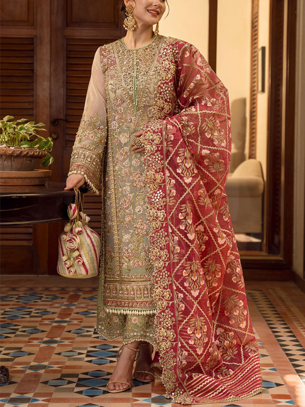 Luxury Handcrafted & Heavy Embroidered Organza Bridal Dress (Unstitched) (CHI-1088)