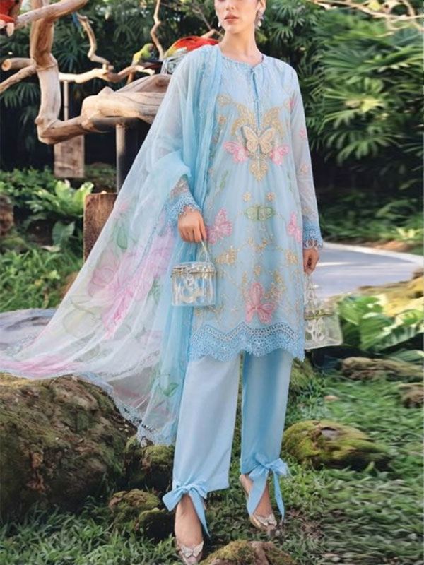 MARIA B Lawn Heavy Embroidered Butter Fly Design Dress With Chiffon Embroidered Dupatta (Unstitched) (DRL-2444)