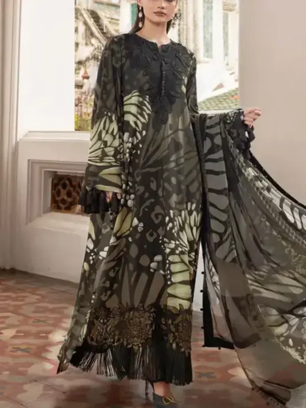 MARIA B Luxury Printed Lawn Embroidered Dress with 4-Sided Embroidered Chiffon Dupatta (DRL-2385)