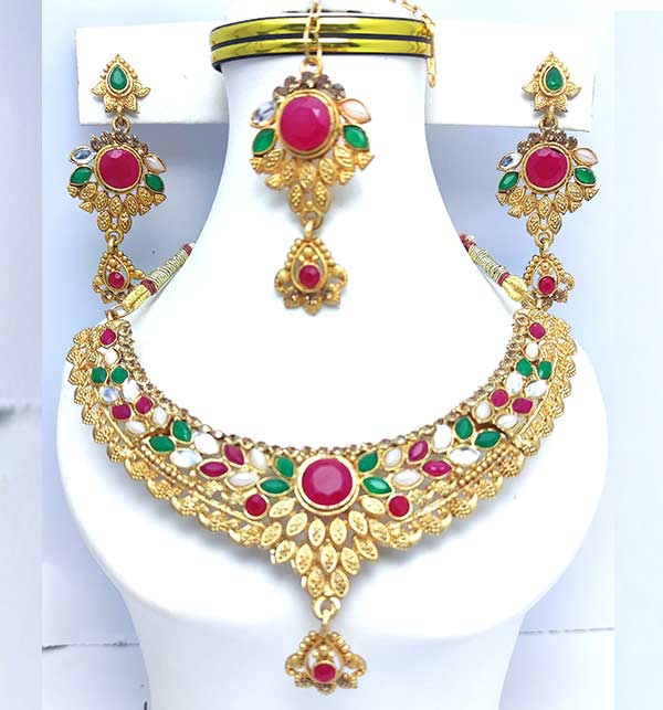 Multi Color Necklace Set Earring Matha Patti (ZV:8584)