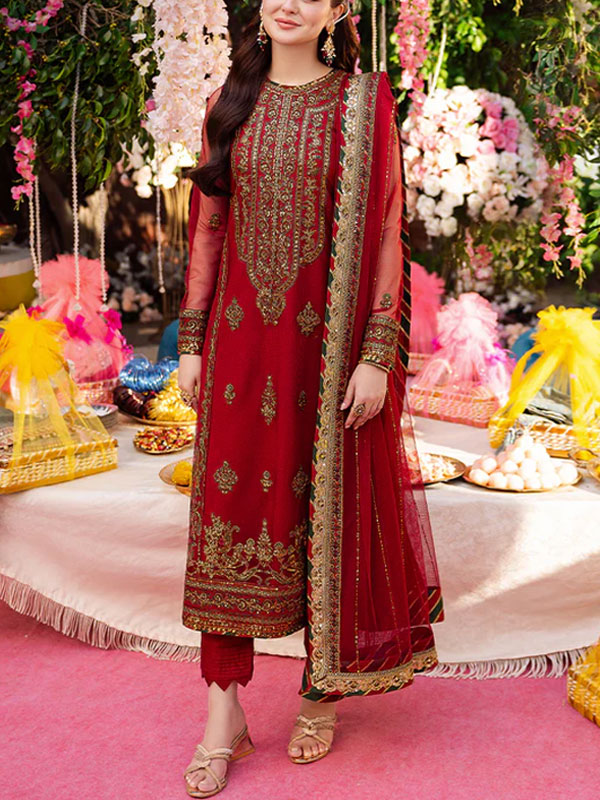 Latest Chiffon Heavy Embroidered Dress With Chiffon Embroidered Dupatta 3 Pec Suit (Unstitched) (CHI-920)