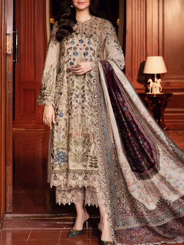 Elegant Digital Printed Embroidery Lawn Dress With Embroidery Chiffon Dupatta Emb Bunch Trouser (Unstitched) (DRL-2215)
