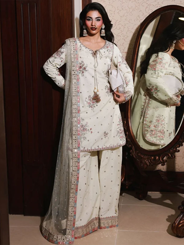 Raw Silk Embroidered Party Wear Dress with Emb. NET Dupatta (Unstitched) (CHI-1154)