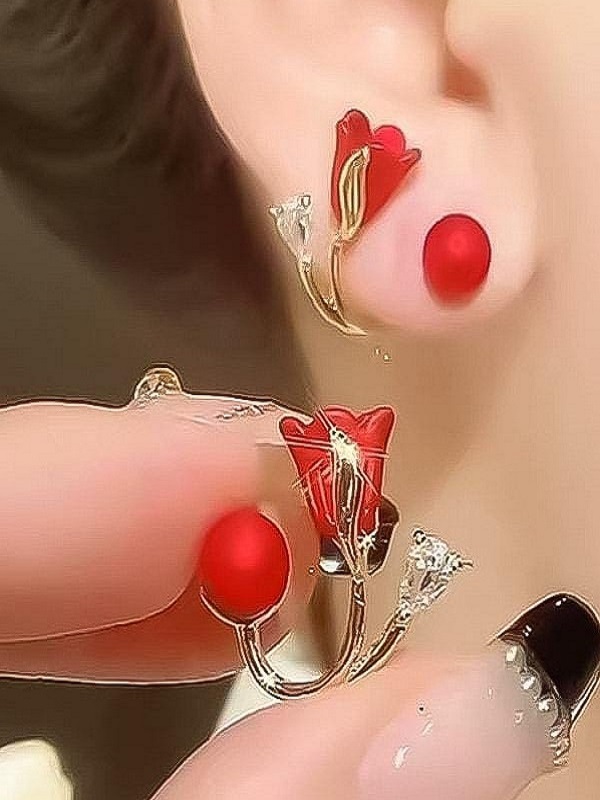 Red Rose Stud Earrings with Pearl (ZV:141461)