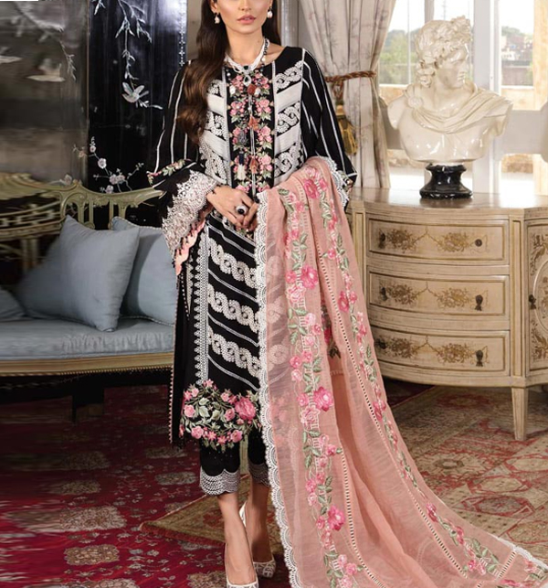 Luxury Lawn Embroidered Dress with Embroidered Broshia Dupatta 3 Pec Suite (UnStitched) (DRL-1438)
