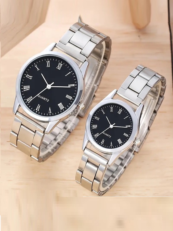 Silver Couple Quartz Watch with Black Round Dial (ZV:31918)