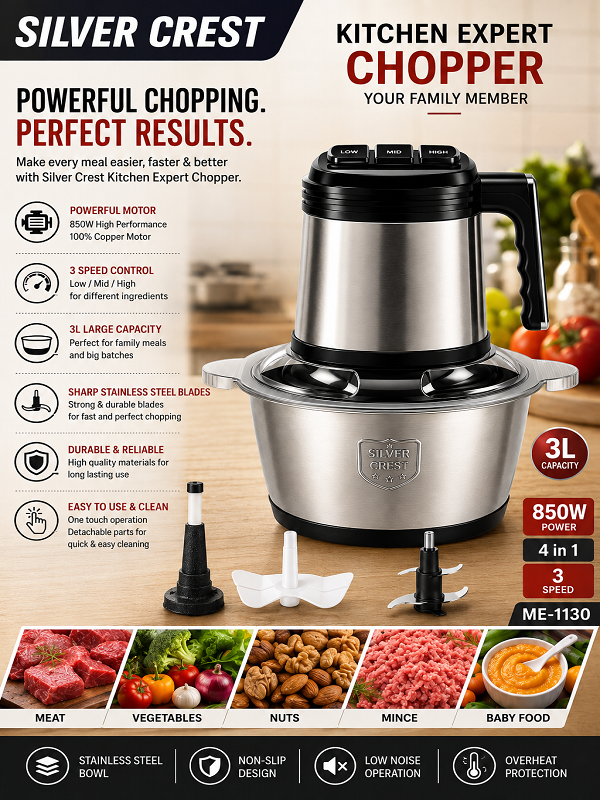 Silver Crest All-in-One 3L,  Electric Vegetable & Meat Chopper, Qeema Machine - Stainless Steel Bowl 
