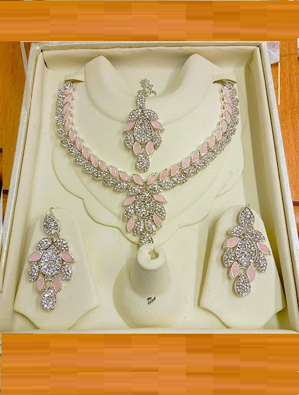 Silver Pink Zircon Necklace Set with Earrings and Bindia (ZV:31727)