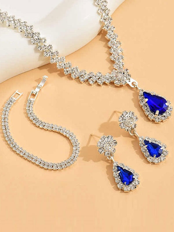 Style Silver With Blue Stone Necklace Set With Earrings & Bracelet (ZV:29764)