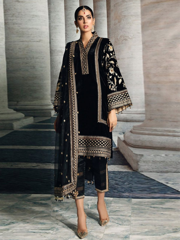 Stylish Black Velvet Wedding Dress With 4 Sided EMb. NET Dupatta (Unstitched) (CHI-1151)