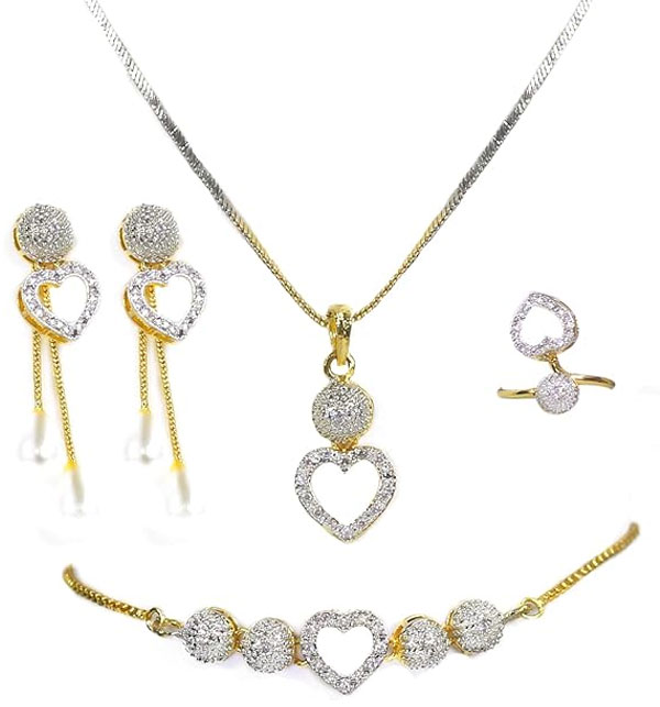 AD Zircon Stylish Heart Necklaces Set Earring & Ring & bracelet For Girls (PS-318)