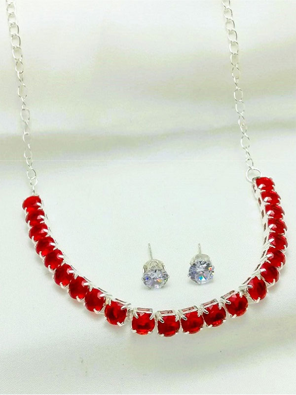 Stylish Maroon Silver AD Zircon Necklace Set With Tops (ZV:29553)