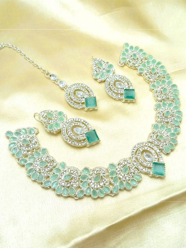 Trending Silver Sea Green Zircon Necklace Set With Earrings and Teeka (ZV:27882)