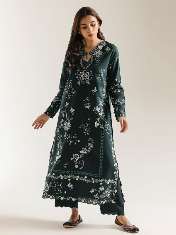 Shamooz Silk Kaftan Dress for Girls - Trendy Ethnic Embroidered Bottle Green (Unstitched) (CHI-1123)