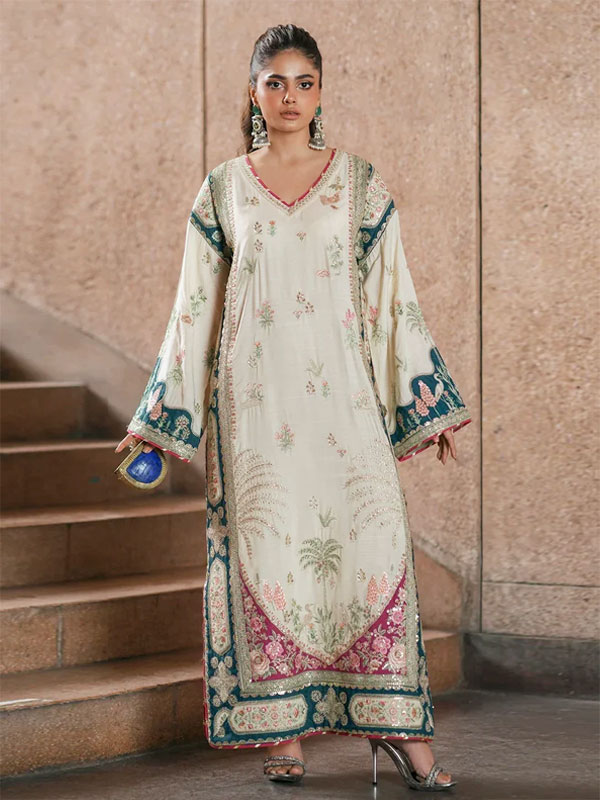 Gorgeous Viral Off‑White Silk Kaftan Heavy Embroidered Work Modern Kaftan Style Dress 3 Piece Suits (CHI-1124)