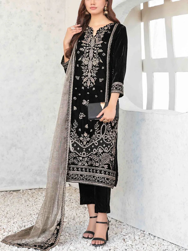 Velvet Sequence Embroidered Dress With Masoori Embroidered Dupatta (Unstitched) (CHI-1070)