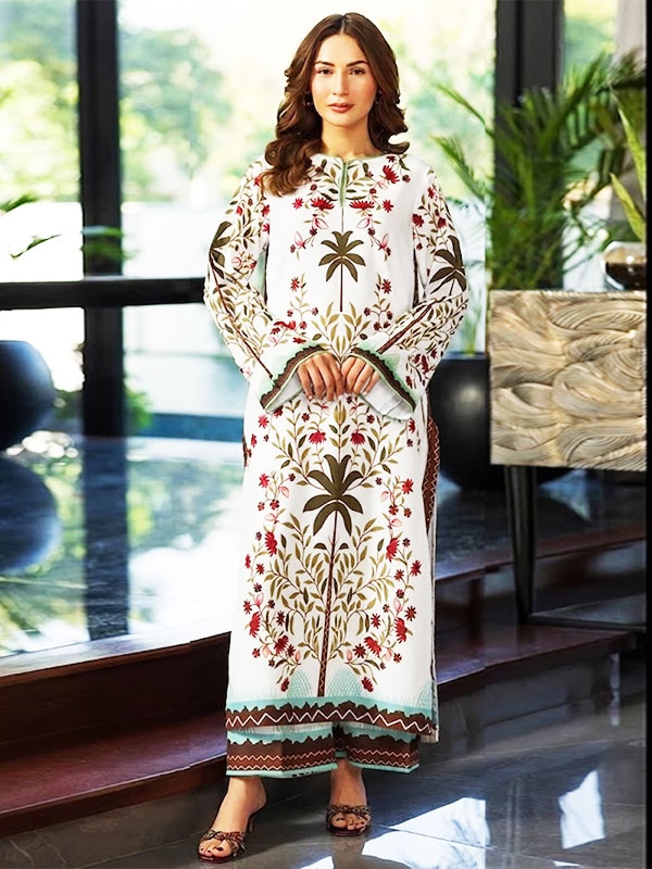 Ethnic Off White Silk Kaftan Viscous Slub Digital Printed Long Kaftan Shirt (Unstitched) (DRL-2489)