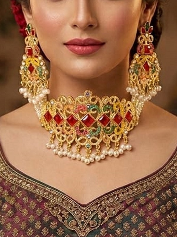 Wedding Nauratan Zircon Choker Necklace Set With Earrings & Teeka (ZV:24513)