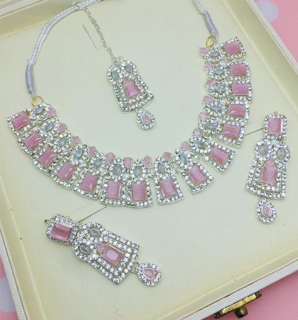 Pink Zircon Necklace Jewelry Set With Earrings And Bindia (ZV:18851)