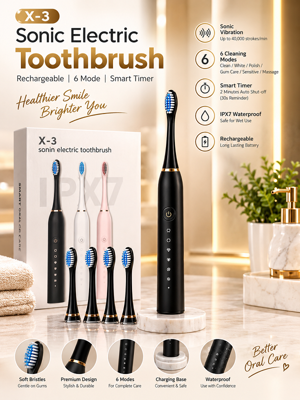 X-3 Sonic Electric Toothbrush Rechargeable – 6 Mode Smart Timer, IPX7 Waterproof
