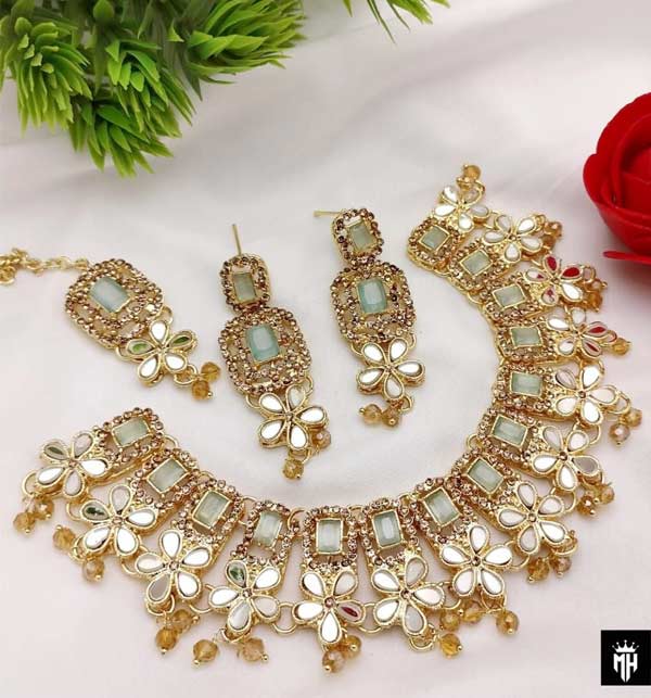 Zircon Mirror Work Necklace Set Earring Matha Patti (ZV:10459)