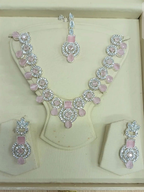 Zircon Pink Stone Necklace Set Earring Matha Patti