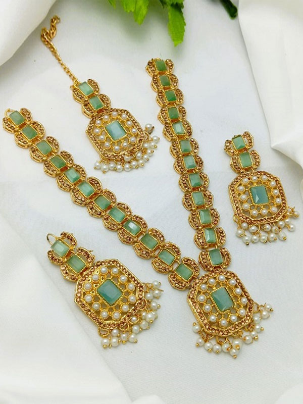 Zircon Stone Sea Green Necklace Set with Earrings and Tikka (ZV:28106)